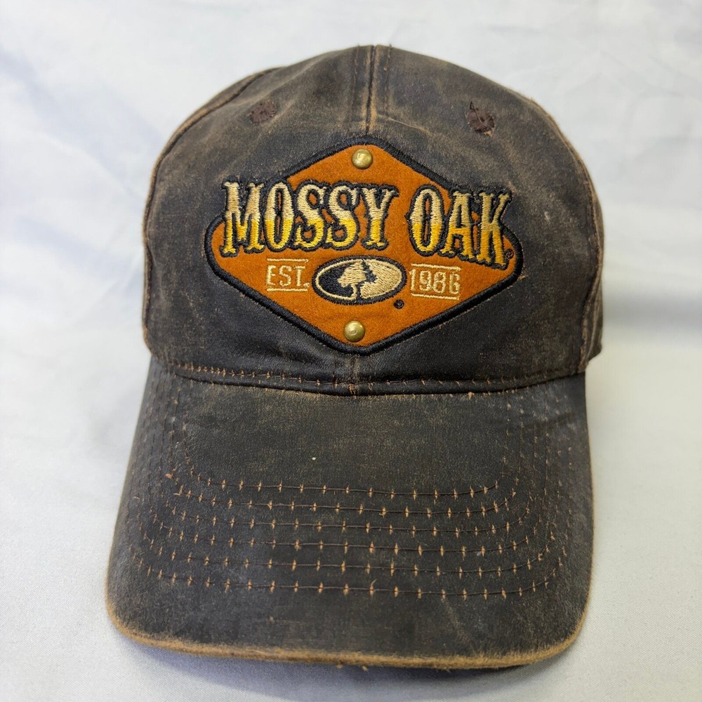 Mossy Oak Hat Oil Cloth Patch Snapback Mens OSFM Brown Distressed Cap